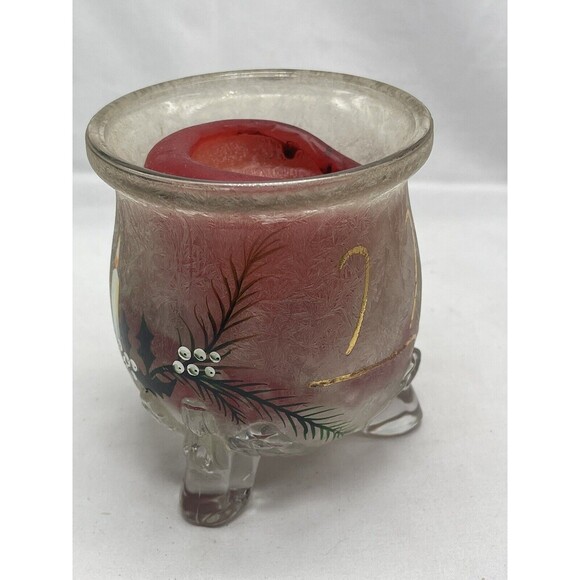Heavy Crystal Frosted Glass Candle Holder 3-Footed Christmas Holiday Decor - Picture 8 of 11